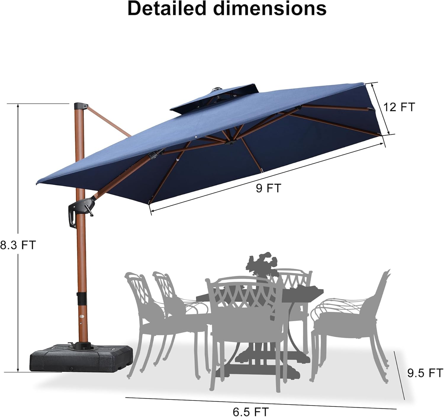 Umbrella 9' X 12' Double Top Deluxe Rectangle Patio Umbrellas Offset Hanging Umbrellas Cantilever Umbrella, Spectrum Indigo
