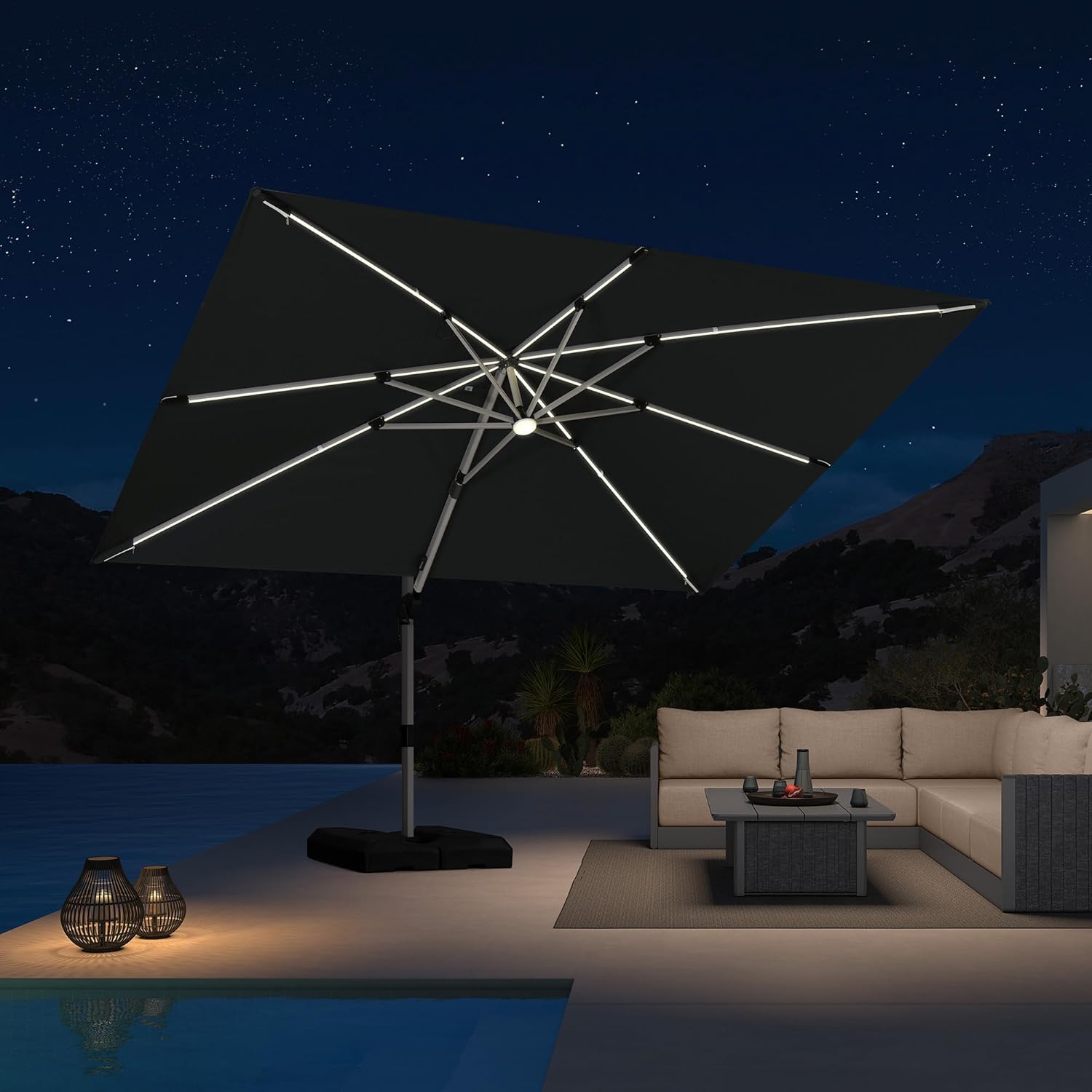 9' X 12' Patio Umbrella with Lights Outdoor Rectangle Cantilever Umbrella Solar Powered LED with 360-degree Rotation for Garden Deck Pool Patio, Grey
