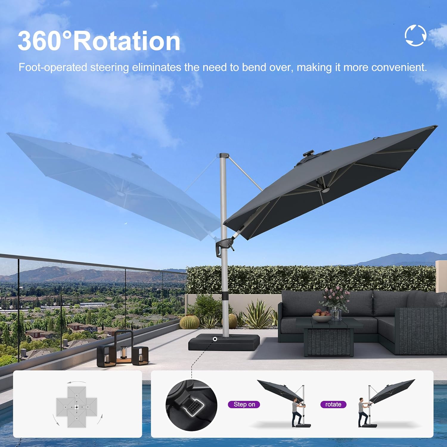 9' X 12' Patio Umbrella with Lights Outdoor Rectangle Cantilever Umbrella Solar Powered LED with 360-degree Rotation for Garden Deck Pool Patio, Grey