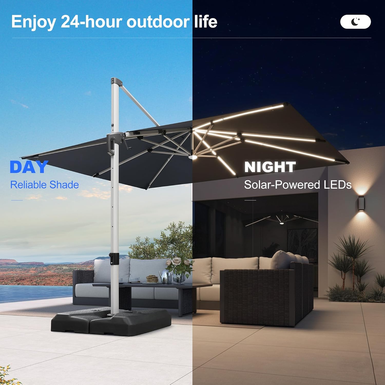 9' X 12' Patio Umbrella with Lights Outdoor Rectangle Cantilever Umbrella Solar Powered LED with 360-degree Rotation for Garden Deck Pool Patio, Grey