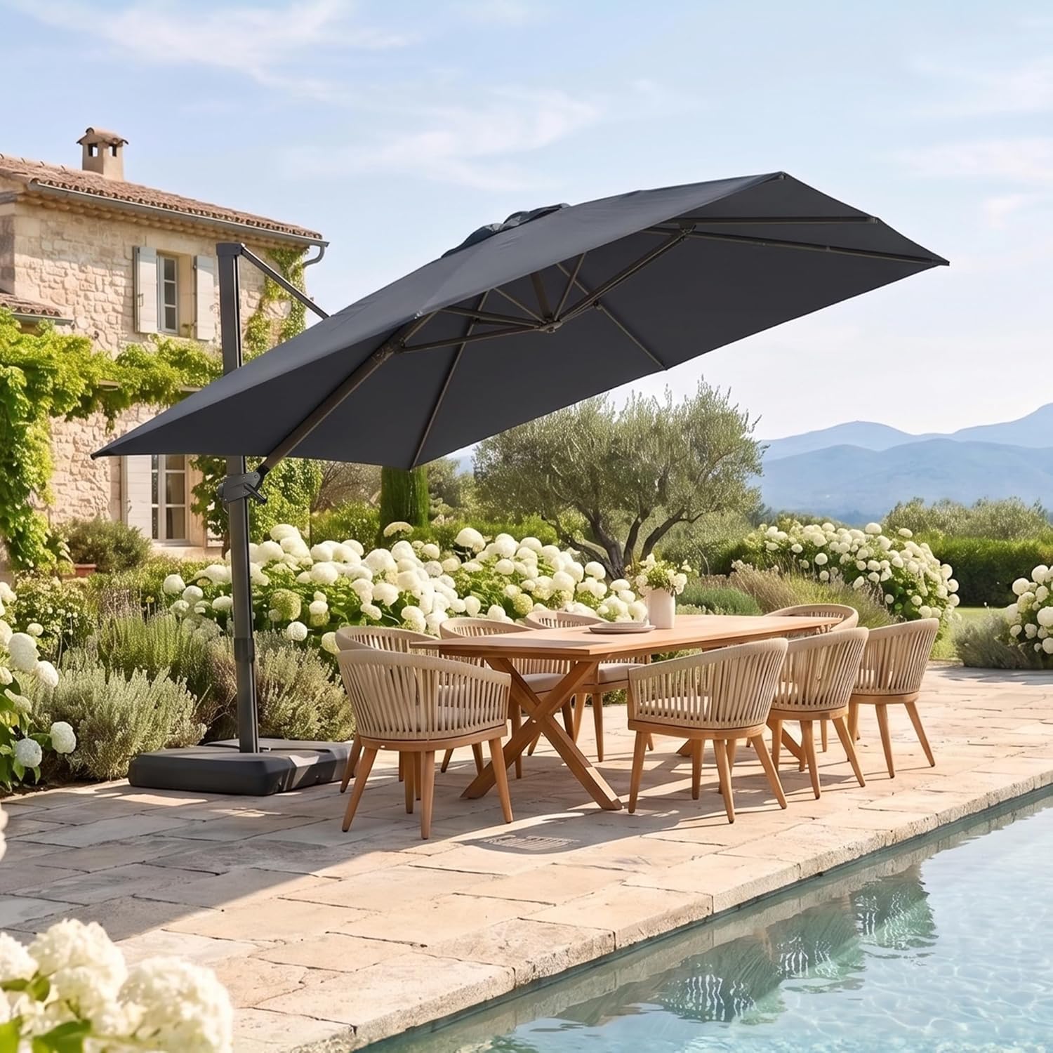 10' × 10' Patio Cantilever Umbrella Outdoor Square Adjustable Offset Umbrellas with 360-degree Rotation and 8 Heavy Duty Metal Ribs for Garden Deck Pool Gray