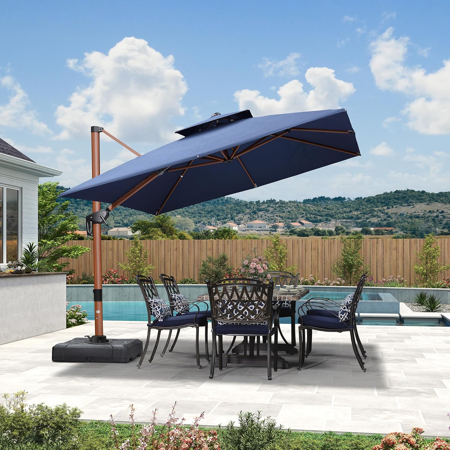 Umbrella 9' X 12' Double Top Deluxe Rectangle Patio Umbrellas Offset Hanging Umbrellas Cantilever Umbrella, Spectrum Indigo